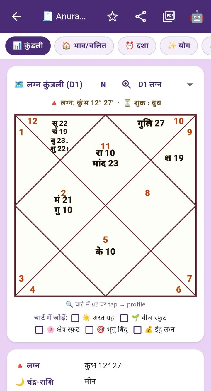 लग्न-कुंडली (D1) — भाव/चलित, दशा, योग tab